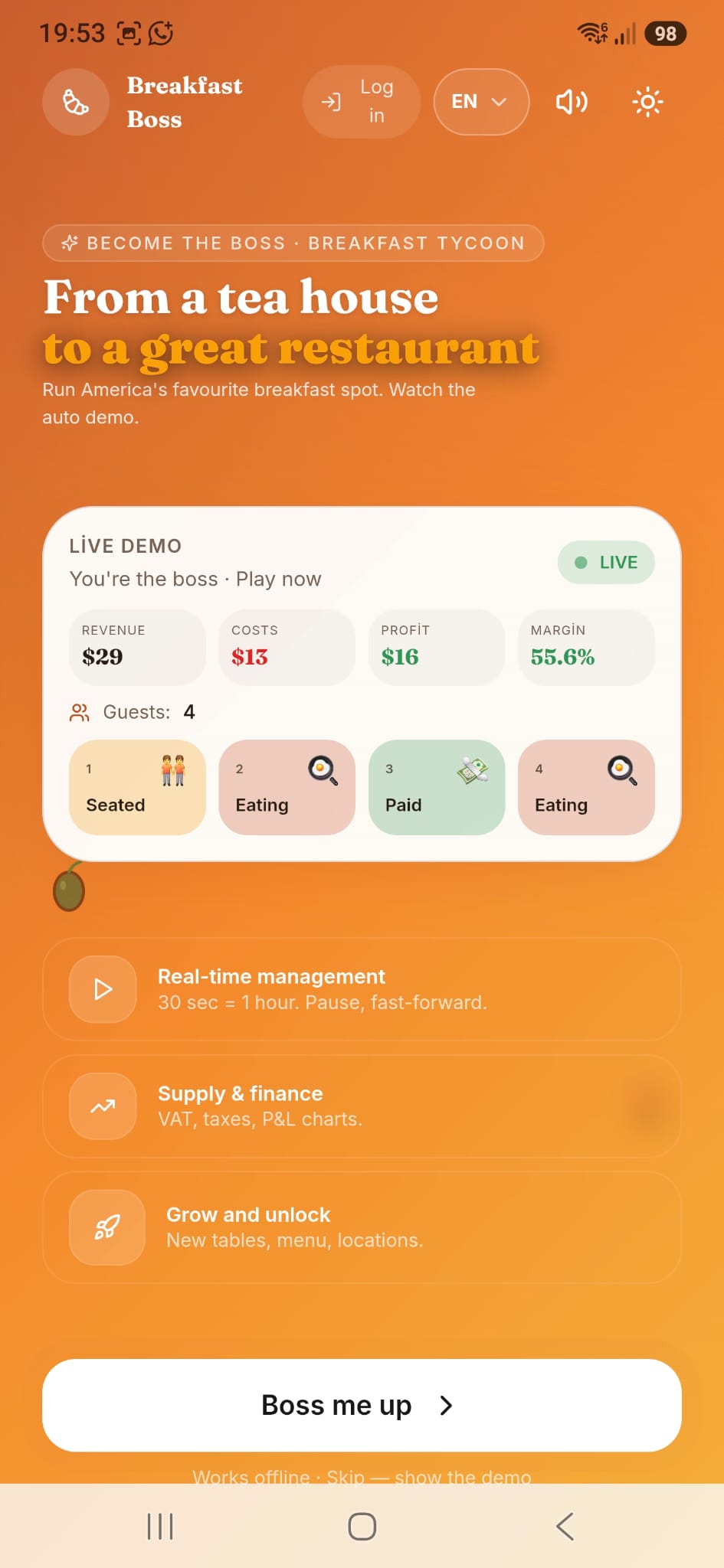 Breakfast Boss live demo screen